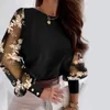 Women's Blouses Fall Spring Women Shirt See-through Mesh Round Neck Flower Decor Top Long Sleeve OL Commute Style Pullover Elegant Blouse