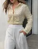 女性用ブラウスファッション女性ブラウス2024スプリングオールオーバースパンコール長袖カジュアルターンダウンカラープレーンデイリークロップシャツトップY2K服