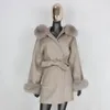 FURBELIEVE Real Fur Coat Winter Jacket Women 100% Natural Fox Fur Collar Cuffs Cashmere Wool Blends Oversize Outerwear 240112