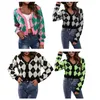 Damen Erwachsene Kontrastfarbe Plaid Pullover Jacke Cardigan Tops Langarm V-Ausschnitt Argyle Strick Crop Top Pullover Größe S-XL 240113