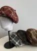 Berets Brushed Woolen Plaid Leather Brim Beret Female Autumn And Winter British Lady Ins Painter Hat