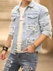 Mannen streetwear patchwork gescheurd slank denim jasje mannelijk hoogwaardig stijlvol effen casual jasje 240113