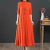 Casual Dresses Mid-length Pleated Dress Loose Waistline High Collar Knitted A-line Midi For Women Thick Warm Long Sleeve