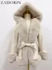 ZADORIN Winter Coat Women Furry Hood Suede Black Faux Fur Coat With Belt Thick Warm Fur Cardigan Faux Fur Jackets for Women 240112