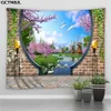 Ancient Chinese Style Landscape Big Tapestry Screen Arch Garden Natural Scenery Patio Home Decor Wall Hanging Wall Tapestries 240113