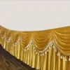 20 Fuß Länge, 6 m, goldfarbene Tischröcke, fester Rock aus Eisseide, schöne Beute mit Quastenstoff, Hochzeitsdekoration 240112