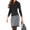 Casual Dresses Commute Fashion Houndstooth Printing Spliced Autumn Winter Female Clothing Elegant V-Neck Simplicity Long Sleeve Dress