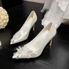 Dress Shoes Spring Pointed Shallow Mouth Silk Pearl Water Diamond Wedding Thin High Heels Banquet Large And Small Women Shoe