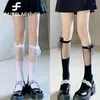 Women Socks Kawaii Lolita Long For Ribbon Bows Transparent Patchwork Stockings Female Mesh Calf Sock Calcetines Mujer