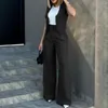 Calças femininas de duas peças mulheres colete elegante senhora baggy conjunto com cor sólida cintura alta perna larga streetwear outfit para um elegante