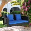 Camp Furniture 49in Swing Chair Black Garden PE Rattan Blue Cushion Bench With Backrest Easy To Install