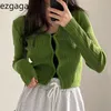 Ezgaga Cropped Cardigan Women V Neck Covered Button Solid Stretch Thin Spring Long Sleeve Knitted Tops Casual Lady Sweater 240112