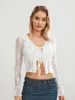 Blusas femininas Mulheres Lace Crop Top Y2K Sheer Malha Ver através de Flare Manga Longa Gravata Frente Slim Cardigan Clubwear