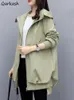 Trenchcoats Frauen Minimalist Windschutz Büro Dame Vintage Koreanische Allgleiches Kleidung Mode Reine Farbe Mit Kapuze Zip-Up S-3XL 240112