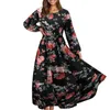 Freizeitkleider Damen Blumendruck Langarm Abgestuftes Kleid mit Rüschensaum Ausgestelltes, fließendes Maxi-Rundhals-Taillenrock Femme Robe