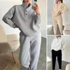 Women's Two Piece Pants Solid Color Tracksuit Easy To Iron Suit Stand Collar Sweatsuit Set For Autumn Winter Gym Fitness