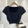 Kadın Sweaters Yaz Tişörtü Kadınlar Harajuku Giysileri Femme Üstler Kız Moda Modaya Dizy Düğmesi Kare Yaka Kısa Kol Beyaz Vintage Korece