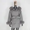 FURBELIEVE Real Fur Coat Winter Jacket Women 100% Natural Fox Fur Collar Cuffs Cashmere Wool Blends Oversize Outerwear 240112