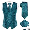 Mäns västar herrar hi-slam teal grön blommig paisley siden män smala midja slips set för kostym klänning bröllop 4 st väst hanky mufflin otryl