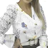 Blusas de mujer Camisa de mujer Ahueca hacia fuera el remiendo del cordón Estampado floral Manga larga Cuello redondo V Blusa cómoda de longitud media suave de un solo pecho