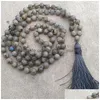 Pendant Necklaces Men Healing Meditation Gift Traditional Hand Knotted 108 Prayer Beads 8Mm Labradorite Stone Grey Tassel Necklace Dr Dhz1A