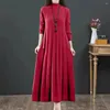 Vestidos casuais grosso vestido de cor sólida gola alta de malha a linha midi para mulheres quente manga longa plissada inverno com solto