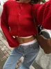 Autunno Donna Retro lavorato a maglia corto cardigan rosso signore monopetto maglione a maniche lunghe moda casual caldo addensare magliette corte 240112