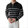 Herrtröjor vänder krage långärmad tröja för höst vinter koreansk överdimensionerad vintage casual pullover halv blixtlås randig stickad topp