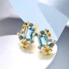 Fashion Sea Blue Topaz 925 Sterling Silver Earrings Luxury 18K Gold Butterfly Flower Ear Stud Handmade Enamel Jewelry 240113