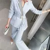 Dress Irregular Pleated Thin Blazers Coat OL Turn Down Collar Suit Cardigan Belted Jacket Tops Long Pants Spring Fall 2pcs Set 240112