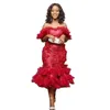 Sexy rouge thé longueur sirène robes de bal 3D appliques florales sur l'épaule Aso Ebi dentelle robe de soirée femmes Chic plume cocktail fête occasion spéciale robe