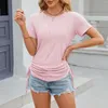 女性用Tシャツ半袖ソリッドカラーラウンドネックルーズシャツドローストリングトップ
