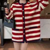 Women's Knits High Quality Red Striped Contrasting Knitted Cardigans Jacket Fashion Long Sleeve Loose Sweater Thickened Coat 2024 Spring