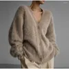 Women's Knits Autumn V Neck Mohair Cardigan For Women Fashion Solid Long Sleeve Plush Sweater Coat Lady Chic Female Loose Knitwear 2024