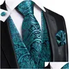 Mäns västar herrar hi-slam teal grön blommig paisley siden män smala midja slips set för kostym klänning bröllop 4 st väst hanky mufflin otryl