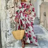 Abiti casual Abito stampato da donna Stampa floreale Maxi oversize con maniche a pipistrello in vita con lacci per abbigliamento da vacanza da donna Stile vintage