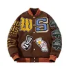 Broderi varsity jacka män kvinnor bokstav vinter amerikansk basebolljacka hip hop ullrock tjock varm outwear parkas brown 240113