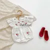 Rompers 2023 Zomer Babymeisjes Kleding Flare Sleeve Baby Bodysuit Borduurwerk One Piece H240506