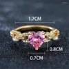 Anéis de casamento bonito feminino rosa zircão pedra anel na moda amarelo ouro cor coração noivado para mulheres noiva jóias presente