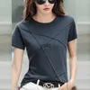 女性用Tシャツaossviao夏のスリムコットン竹Tシャツ女性2024 o-ne半袖リブ付きTシャツ女性カジュアルソリッドカラートピシルク