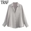 Traf camisas femininas cetim blusa de verão feminino cinza manga longa topo feminino blusas soltas botão acima elegante chique camisa 240112