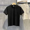 Men's T-Shirts Korean Summer Mens Solid Color Turn-Down Collar Men's Button Plus Size T-shirt Short Sleeved Strip Teeyolq