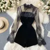 Casual Kleider Sexy Puff Sleeve Mesh Spitze Zweireiher Overall Mode Kleid Outfit Frauen Kurze Breite Bein Bodysuit Strand Böhmen