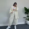 Women's Two Piece Pants Solid Drape Loose Casual Suit Women Pajamas Fashion Kimono Long-Sleeved High Waist Trousers 2 Pcs Sleepwear Female