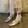 Zapatos de ballet con punta cuadrada para primavera, zapatos Mary Jane de tacón bajo a la moda, zapatos de suela suave poco profundos con hebilla cruzada plateada Casaul 240112