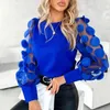 Women's Blouses Fall Spring Women Shirt See-through Mesh Round Neck Flower Decor Top Long Sleeve OL Commute Style Pullover Elegant Blouse