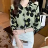 Kvinnors blusar Autumn 2024 Lolita Style Tryckt långärmad skjorta Fashion Thin Satin Girl's Top Floral Pattern Lantern