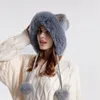 Gorros cálidos y bonitos para mujer, gorros con orejeras de dos bolas con orejas de gato de dibujos animados de invierno para mujer, gorro de punto de piel esponjoso y esponjoso para mujer 240112