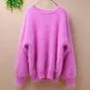 Elegant Fashion Fluffy short women winter 100 long mink cashmere angora fur warm lantern batwing sleeves Pullover sweater 240112