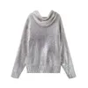 Trafo Metalik Hoodies Sweaters Kadınlar için Gümüş Örgü Sweater Kadın Uzun Kollu Büyük Boy Kazak Kadınlar Ceket Örgü 240113